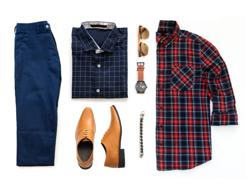 men-s-clothing-set-with-oxford-shoes-watch-blue-trousers-sunglasses-office-shirt-bracelet-isolated-white-background-top-view